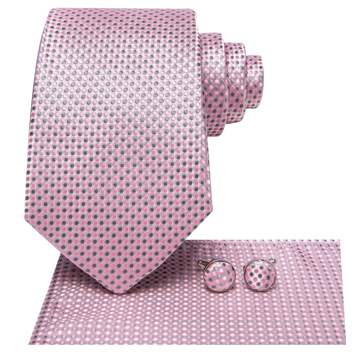 Pink and gray micro dot silk tie set with matching pocket square and cufflinks