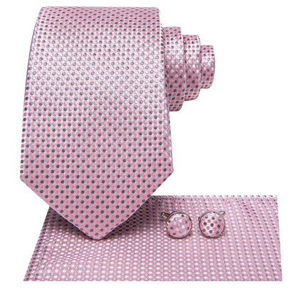 Pink and gray micro dot silk tie set with matching pocket square and cufflinks