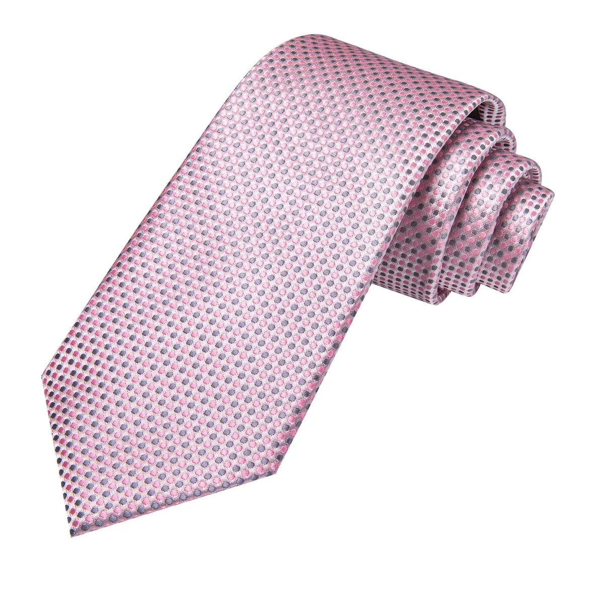 Close-up of pink silk tie with gray and pink micro dot pattern
