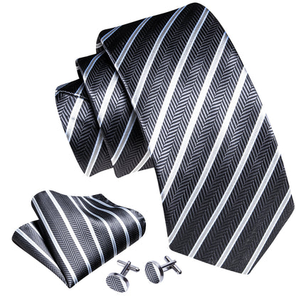 Gray White Striped Silk Tie, Pocket Square and Cufflinks Set tie sets    - Sophisticated Gentlemen