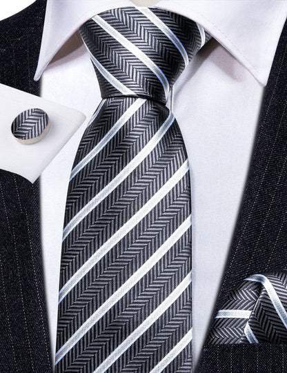 Gray White Striped Silk Tie, Pocket Square and Cufflinks Set tie sets    - Sophisticated Gentlemen