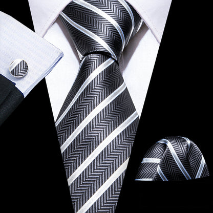 Gray White Striped Silk Tie, Pocket Square and Cufflinks Set tie sets    - Sophisticated Gentlemen
