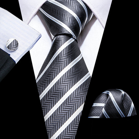 Gray White Striped Silk Tie, Pocket Square and Cufflinks Set tie sets    - Sophisticated Gentlemen