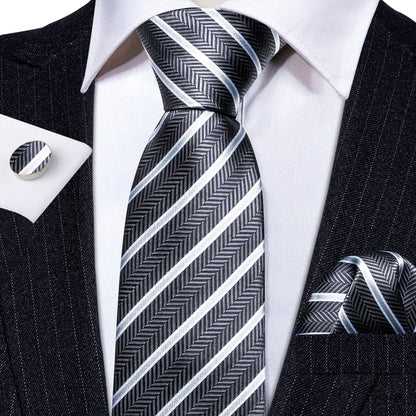Gray White Striped Silk Tie, Pocket Square and Cufflinks Set tie sets    - Sophisticated Gentlemen