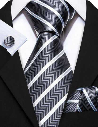 Gray White Striped Silk Tie, Pocket Square and Cufflinks Set tie sets    - Sophisticated Gentlemen