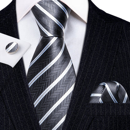Gray White Striped Silk Tie, Pocket Square and Cufflinks Set tie sets    - Sophisticated Gentlemen