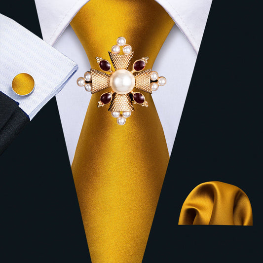 Golden Solid Silk Tie, Pocket Square and Cufflinks Set with Brooches tie sets    - Sophisticated Gentlemen