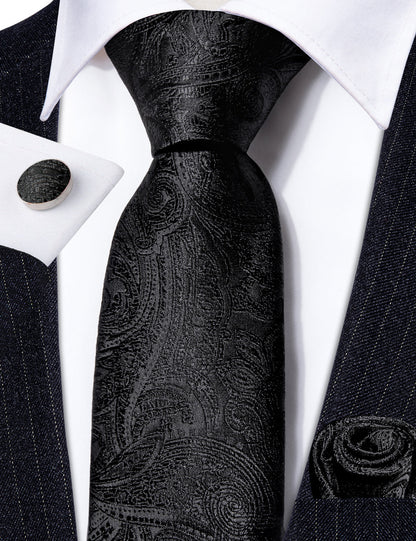 Black Paisley Tie, Pocket Square and Cufflinks Set tie sets    - Sophisticated Gentlemen
