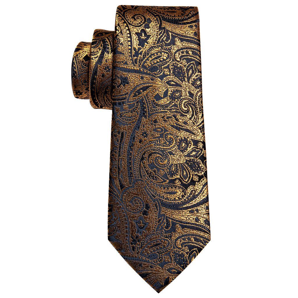 Regal Black & Gold Paisley Silk Tie Set with Pocket Square and Cufflinks tie sets - Sophisticated Gentlemen