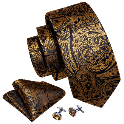 Regal Black & Gold Paisley Silk Tie Set with Pocket Square and Cufflinks tie sets - Sophisticated Gentlemen