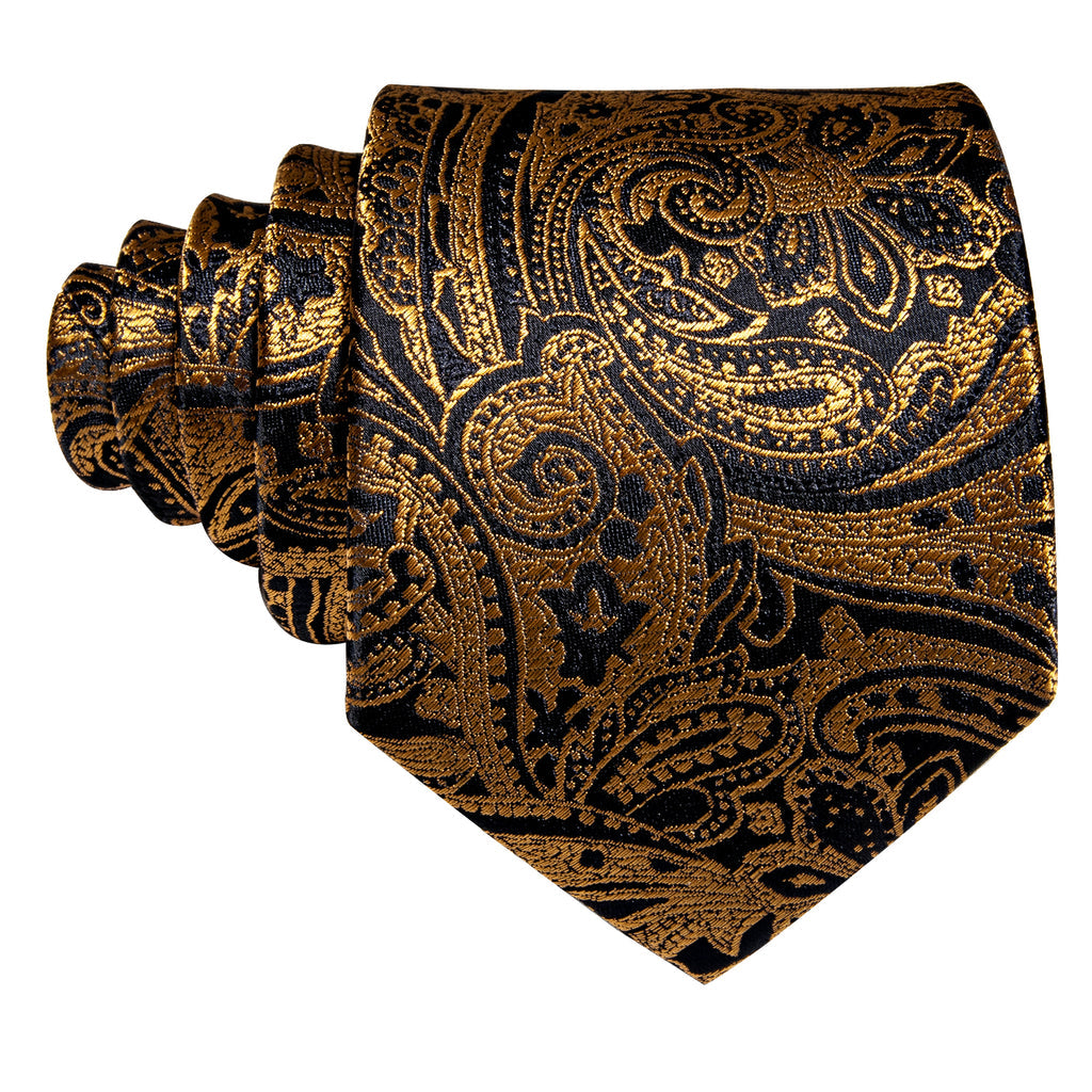 Regal Black & Gold Paisley Silk Tie Set with Pocket Square and Cufflinks tie sets - Sophisticated Gentlemen