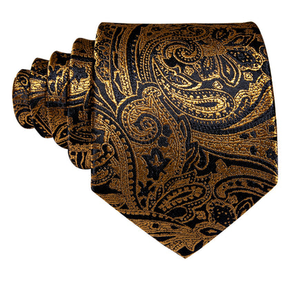 Regal Black & Gold Paisley Silk Tie Set with Pocket Square and Cufflinks tie sets - Sophisticated Gentlemen