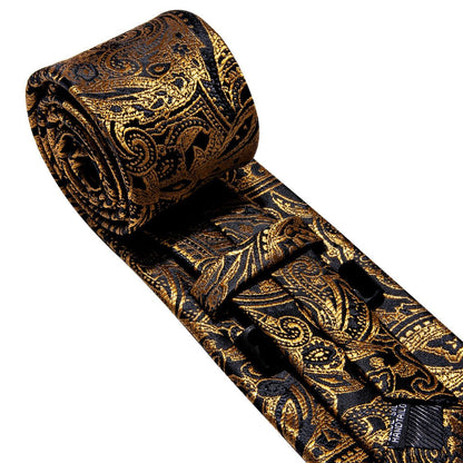 Regal Black & Gold Paisley Silk Tie Set with Pocket Square and Cufflinks tie sets - Sophisticated Gentlemen