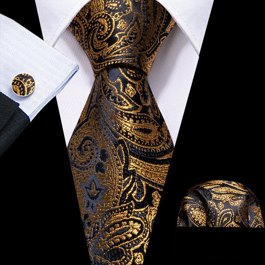 Regal Black & Gold Paisley Silk Tie Set with Pocket Square and Cufflinks tie sets - Sophisticated Gentlemen