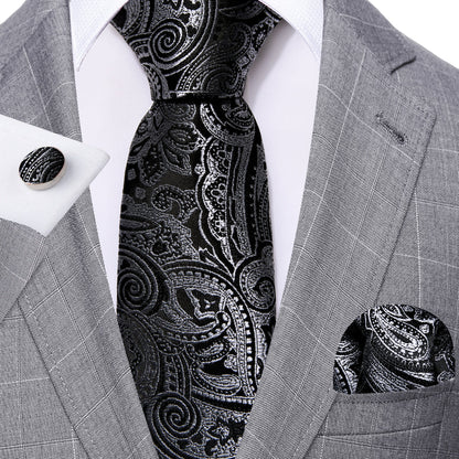 Black and Silver Paisley Silk Tie, Pocket Square and Cufflinks Set tie sets - Sophisticated Gentlemen