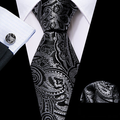 Black and Silver Paisley Silk Tie, Pocket Square and Cufflinks Set tie sets - Sophisticated Gentlemen