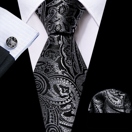 Black and Silver Paisley Silk Tie, Pocket Square and Cufflinks Set tie sets - Sophisticated Gentlemen
