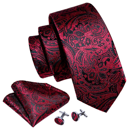 Red Black Paisley Silk Tie, Pocket Square and Cufflinks Set tie sets    - Sophisticated Gentlemen