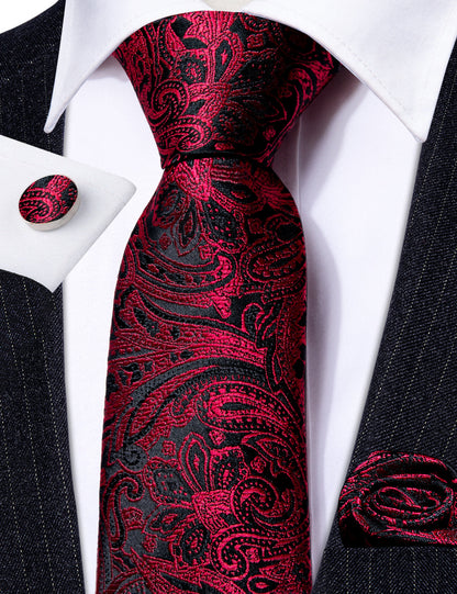 Red Black Paisley Silk Tie, Pocket Square and Cufflinks Set tie sets    - Sophisticated Gentlemen