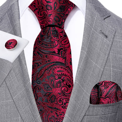 Red Black Paisley Silk Tie, Pocket Square and Cufflinks Set tie sets    - Sophisticated Gentlemen