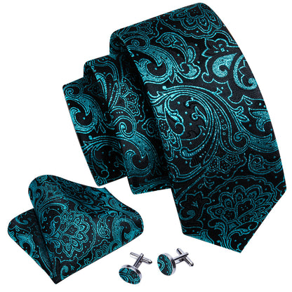 Blue Black Paisley Silk Tie, Pocket Square and Cufflinks Set tie sets    - Sophisticated Gentlemen