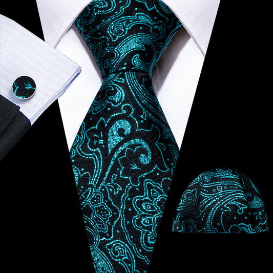 Blue Black Paisley Silk Tie, Pocket Square and Cufflinks Set tie sets    - Sophisticated Gentlemen