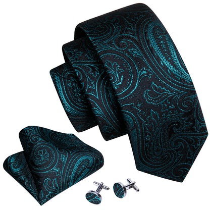 Black Deep Green Paisley Silk Tie, Pocket Square and Cufflinks Set tie sets    - Sophisticated Gentlemen