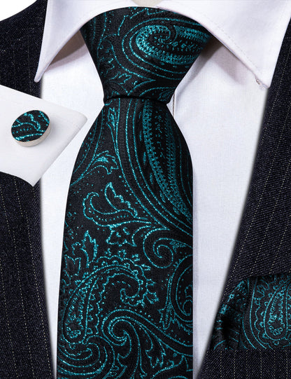Black Deep Green Paisley Silk Tie, Pocket Square and Cufflinks Set tie sets    - Sophisticated Gentlemen