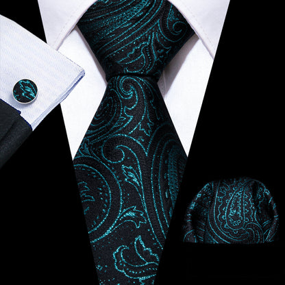 Black Deep Green Paisley Silk Tie, Pocket Square and Cufflinks Set tie sets    - Sophisticated Gentlemen