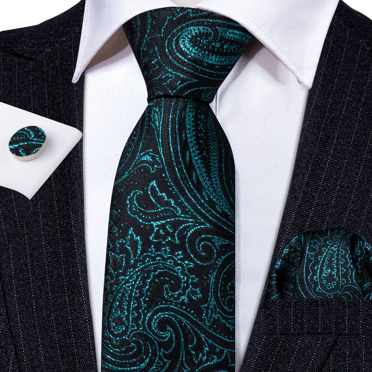 Black Deep Green Paisley Silk Tie, Pocket Square and Cufflinks Set tie sets    - Sophisticated Gentlemen