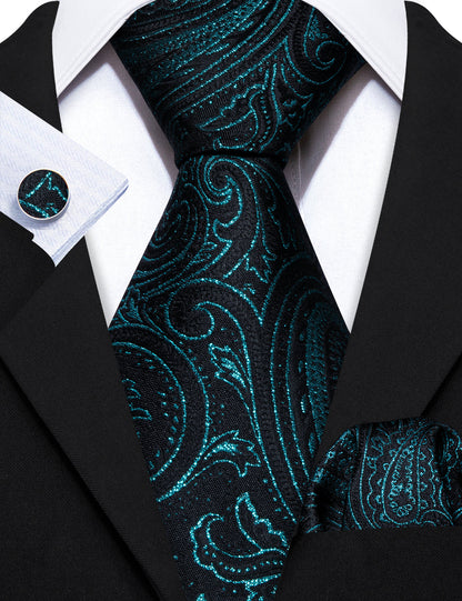 Black Deep Green Paisley Silk Tie, Pocket Square and Cufflinks Set tie sets    - Sophisticated Gentlemen