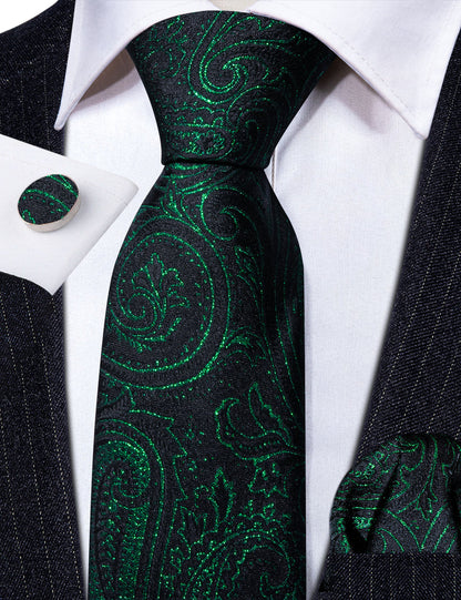 Green Black Paisley Silk Tie, Pocket Square and Cufflinks Set tie sets    - Sophisticated Gentlemen