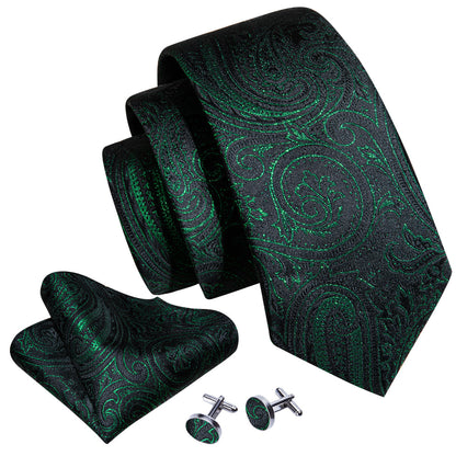 Green Black Paisley Silk Tie, Pocket Square and Cufflinks Set tie sets    - Sophisticated Gentlemen