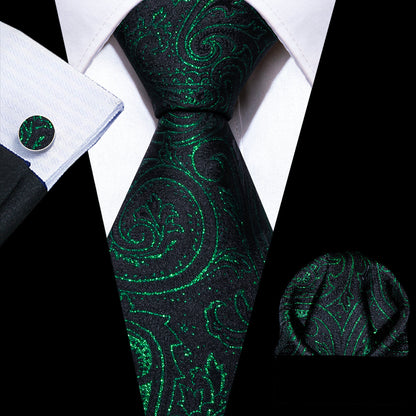 Green Black Paisley Silk Tie, Pocket Square and Cufflinks Set tie sets    - Sophisticated Gentlemen