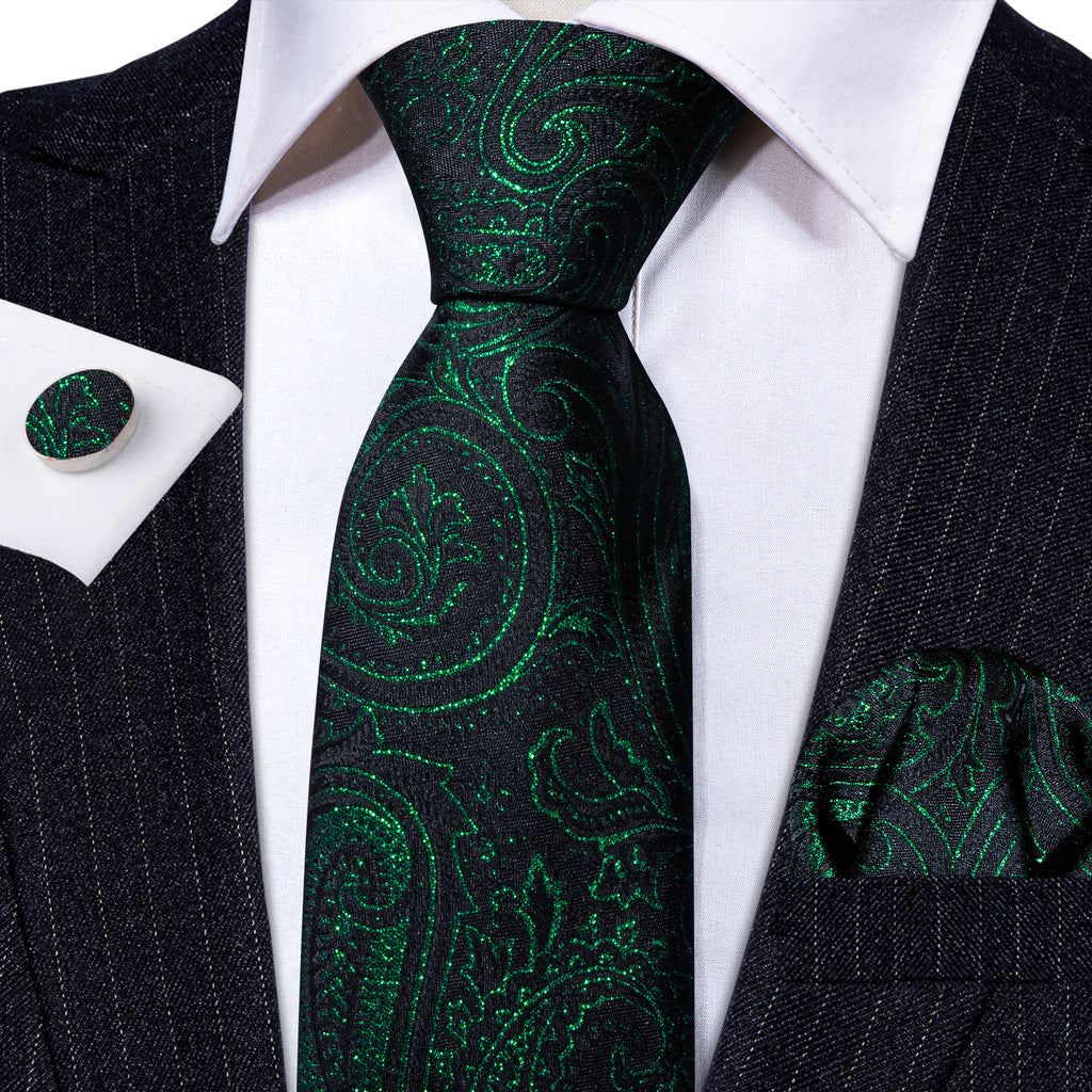 Green Black Paisley Silk Tie, Pocket Square and Cufflinks Set tie sets    - Sophisticated Gentlemen