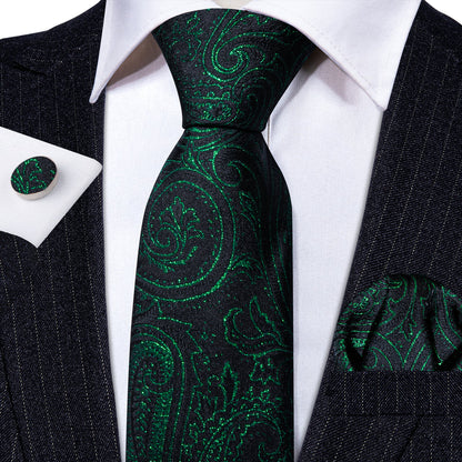 Green Black Paisley Silk Tie, Pocket Square and Cufflinks Set tie sets    - Sophisticated Gentlemen