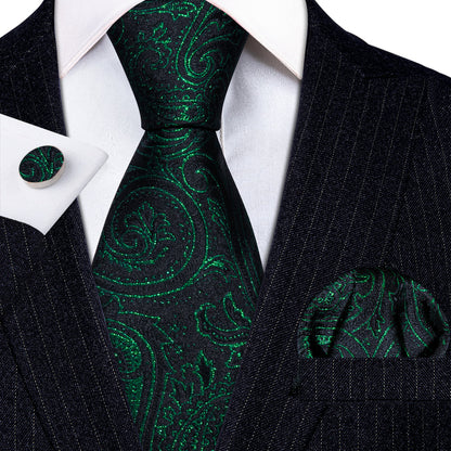 Green Black Paisley Silk Tie, Pocket Square and Cufflinks Set tie sets    - Sophisticated Gentlemen