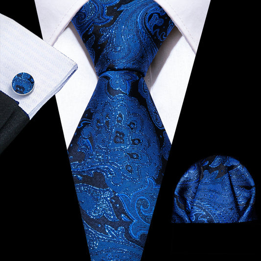 Royal Blue Paisley Silk Tie, Pocket Square, and Cufflinks Set tie sets    - Sophisticated Gentlemen