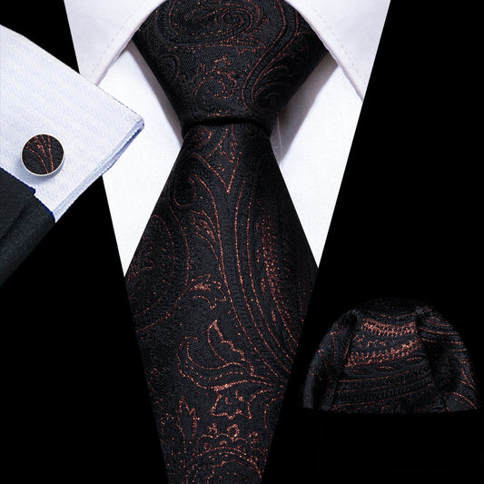 Black Floral Silk Tie, Pocket Square and Cufflinks Set tie sets    - Sophisticated Gentlemen