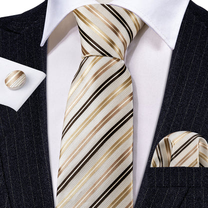 White, Gold and Champagne Striped Tie, Pocket Square and Cufflinks Set tie sets - Sophisticated Gentlemen