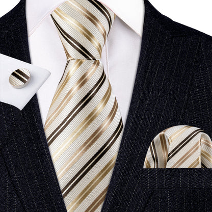 White, Gold and Champagne Striped Tie, Pocket Square and Cufflinks Set tie sets - Sophisticated Gentlemen