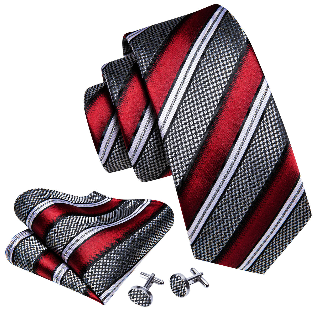 Red Gray Striped Novelty Silk Tie, Pocket Square and Cufflinks Set tie sets    - Sophisticated Gentlemen