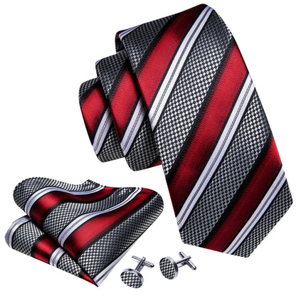 Red Gray Striped Novelty Silk Tie, Pocket Square and Cufflinks Set tie sets    - Sophisticated Gentlemen