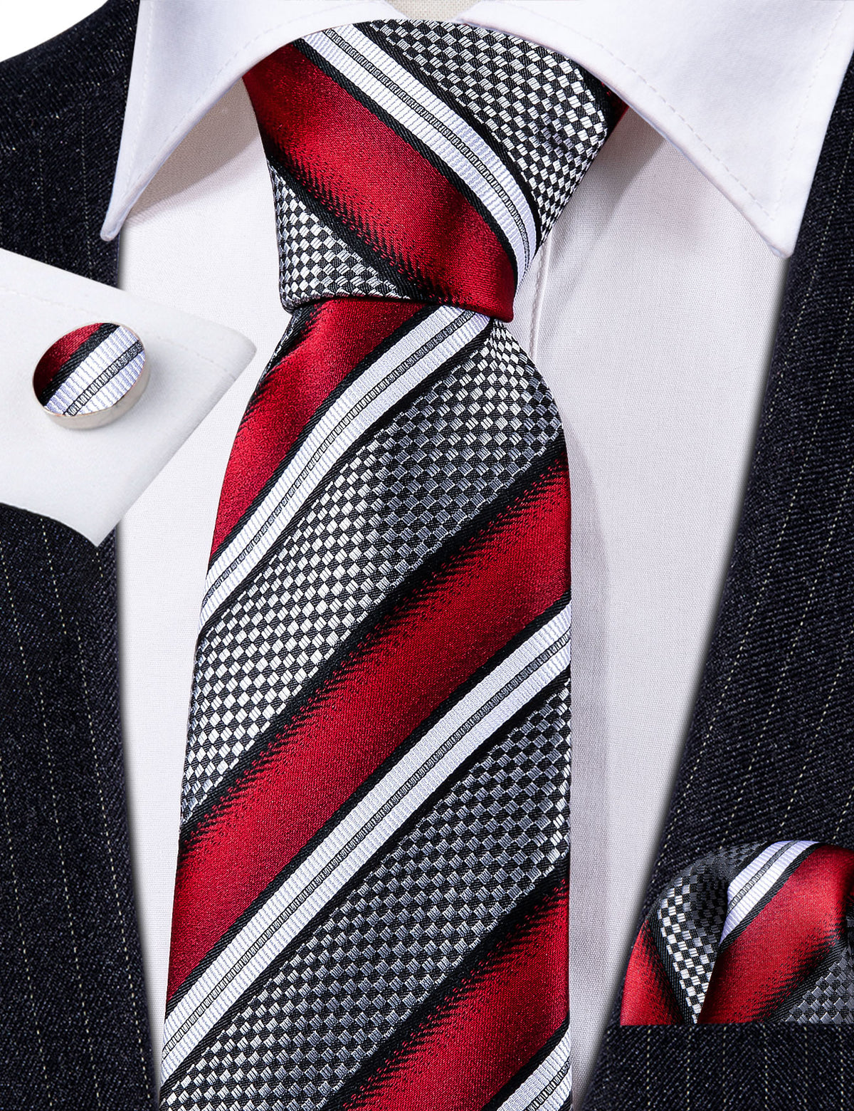 Red Gray Striped Novelty Silk Tie, Pocket Square and Cufflinks Set tie sets    - Sophisticated Gentlemen