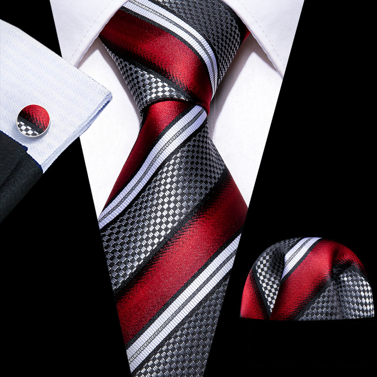 Red Gray Striped Novelty Silk Tie, Pocket Square and Cufflinks Set tie sets    - Sophisticated Gentlemen
