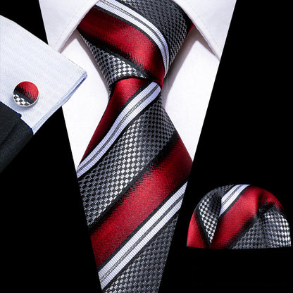 Red Gray Striped Novelty Silk Tie, Pocket Square and Cufflinks Set tie sets    - Sophisticated Gentlemen