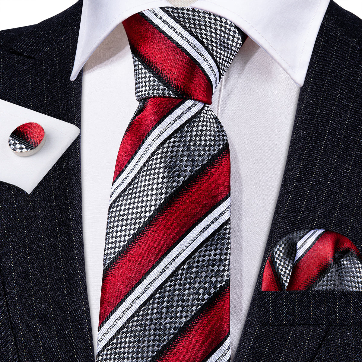 Red Gray Striped Novelty Silk Tie, Pocket Square and Cufflinks Set tie sets    - Sophisticated Gentlemen