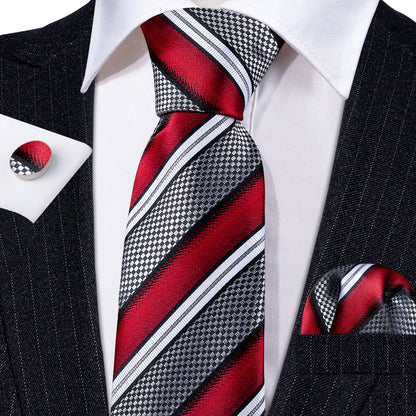 Red Gray Striped Novelty Silk Tie, Pocket Square and Cufflinks Set tie sets    - Sophisticated Gentlemen