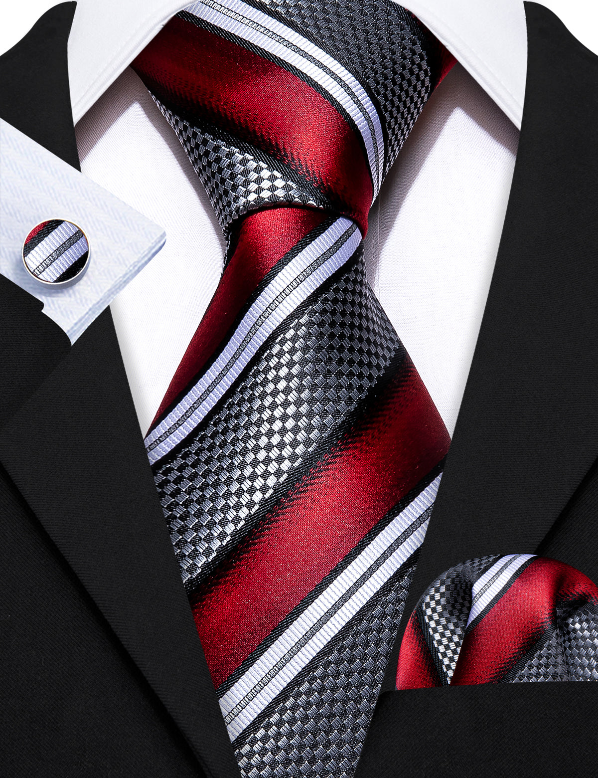 Red Gray Striped Novelty Silk Tie, Pocket Square and Cufflinks Set tie sets    - Sophisticated Gentlemen