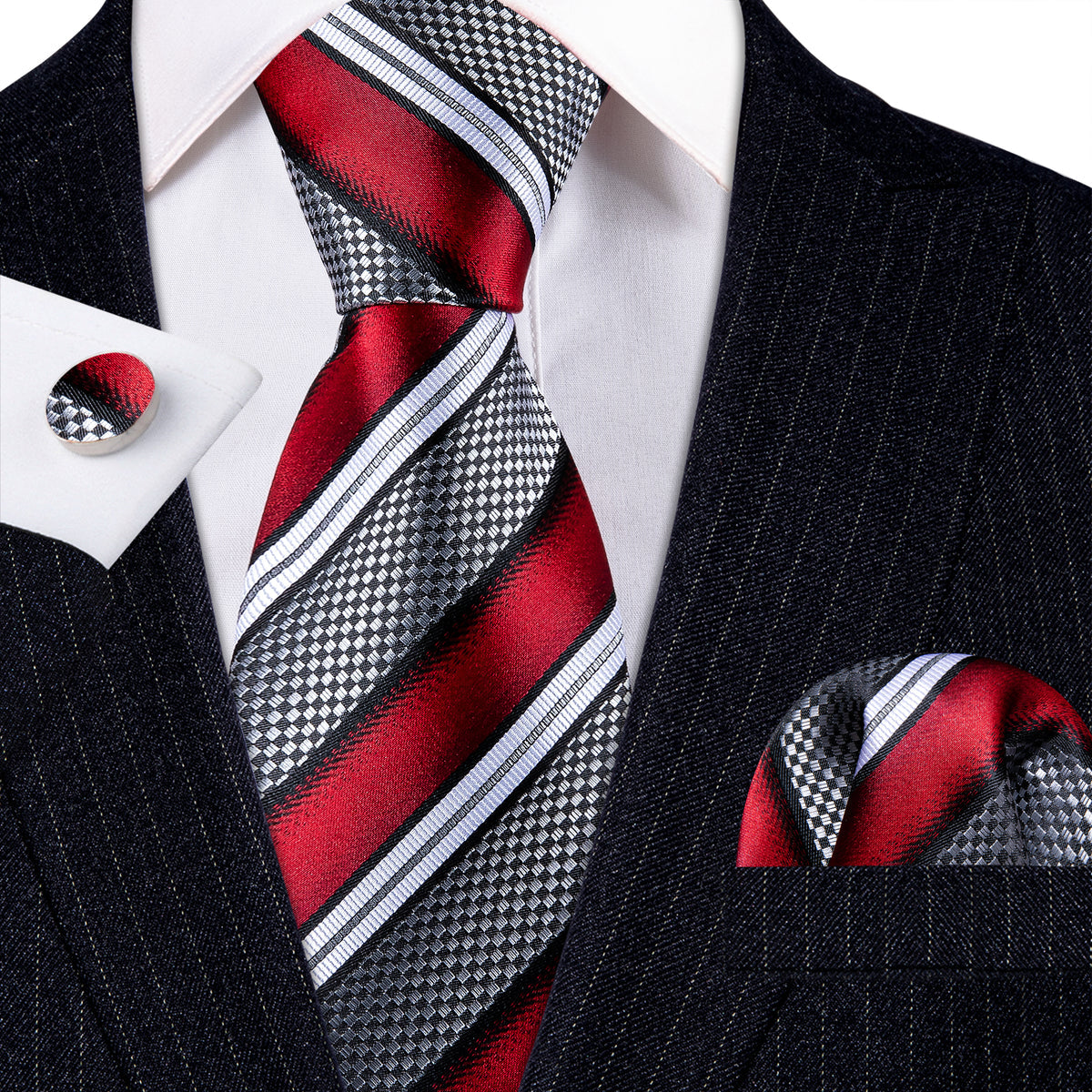 Red Gray Striped Novelty Silk Tie, Pocket Square and Cufflinks Set tie sets    - Sophisticated Gentlemen